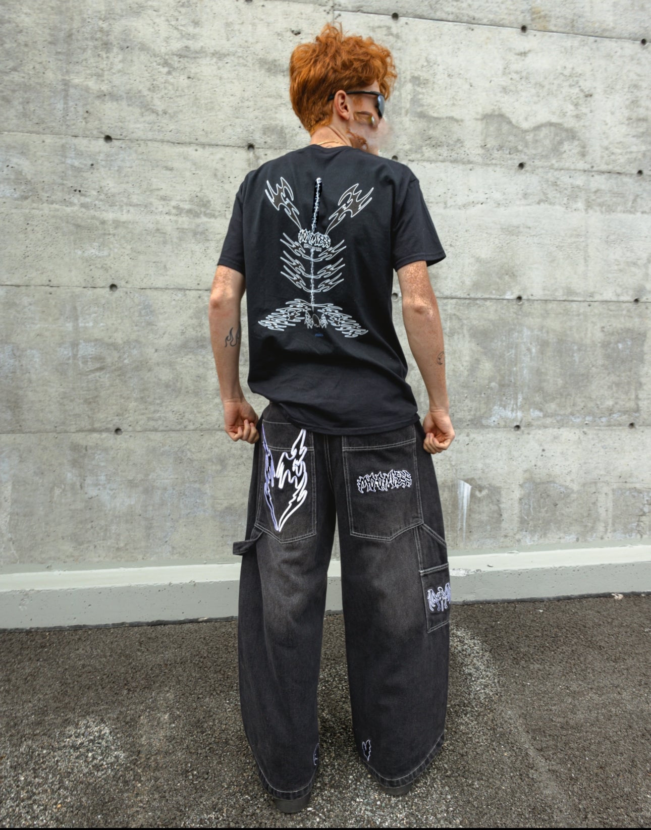 BLACK LOVELESS DOUBLE KNEES CARPENTER WIDE-LEG DENIMS