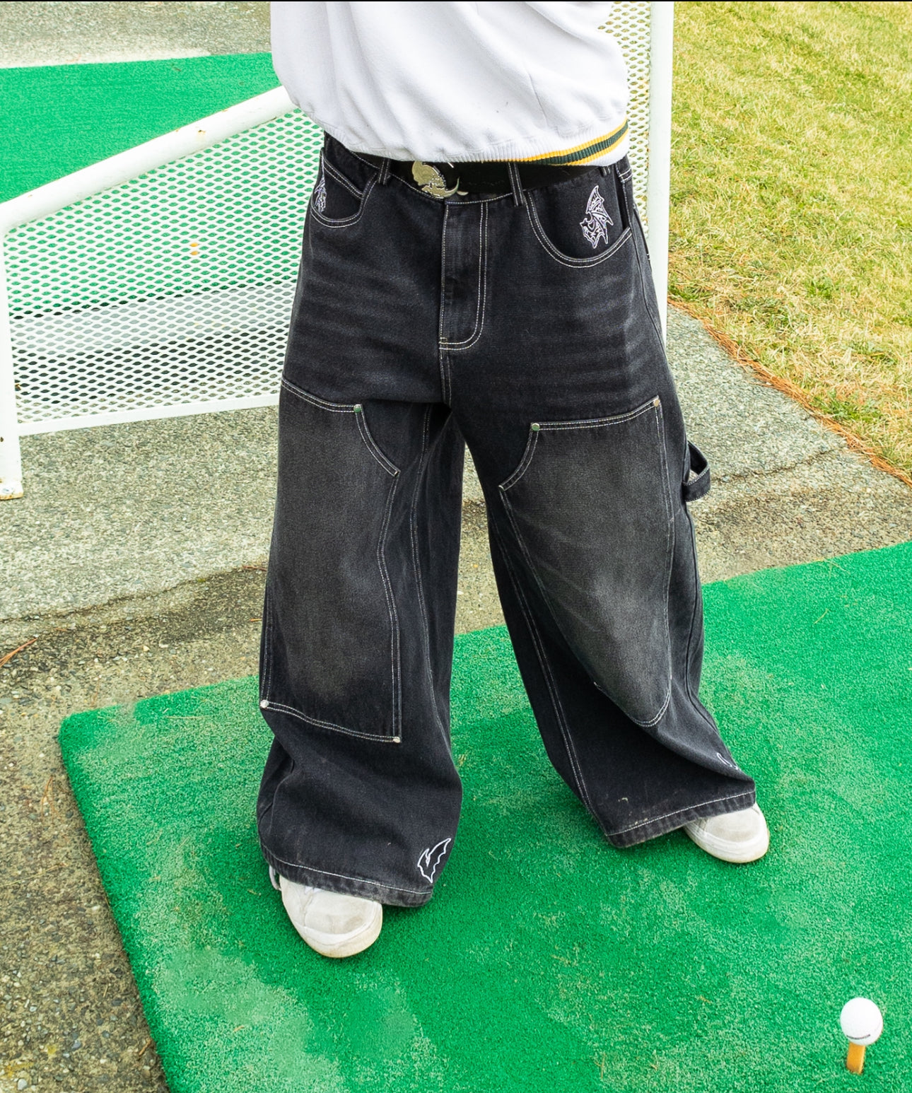 BLACK LOVELESS DOUBLE KNEES CARPENTER WIDE-LEG DENIMS