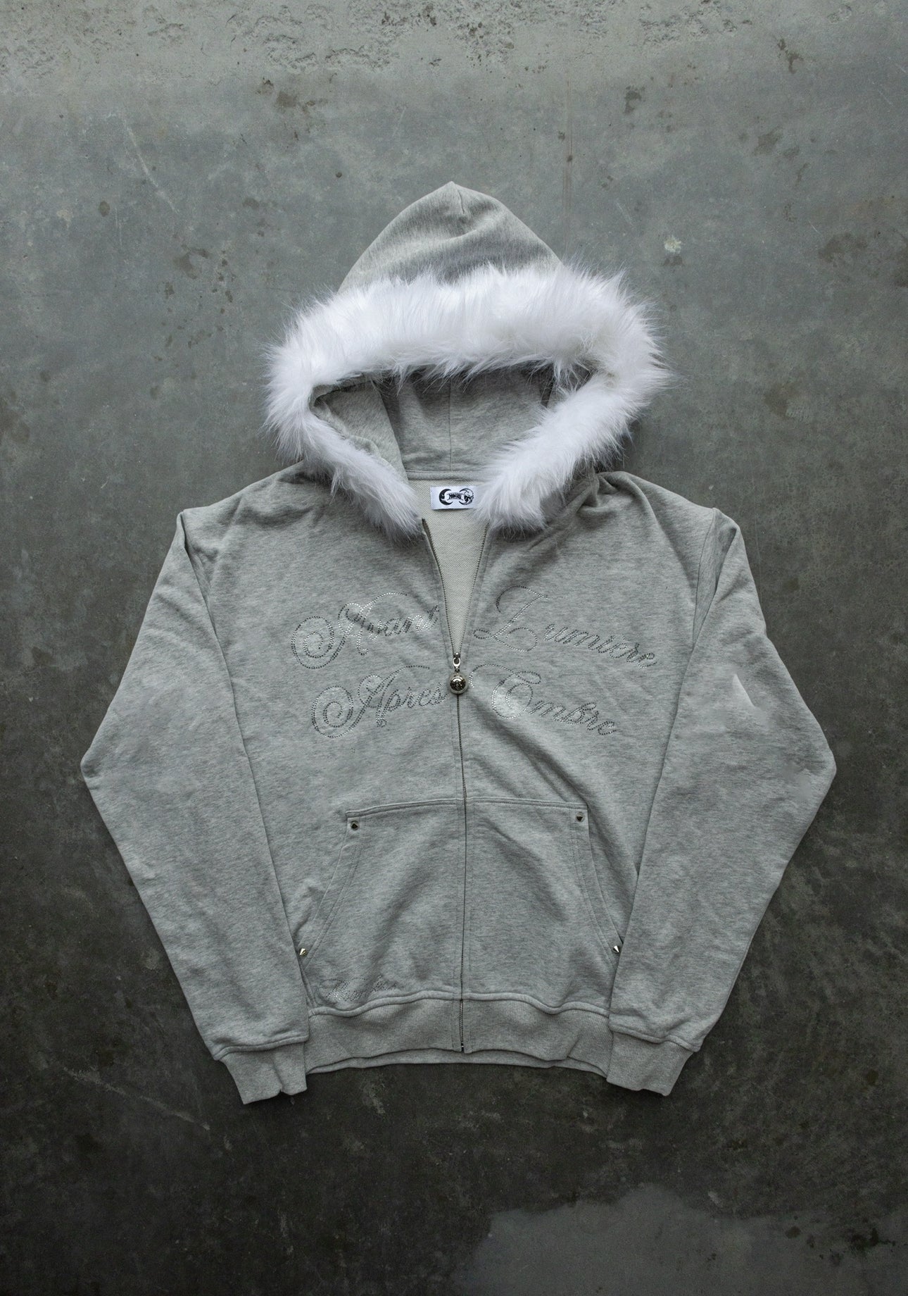 BEFORE LIGHT/AFTER SHADOW. Grey Zip-Up/Detachable White Fur