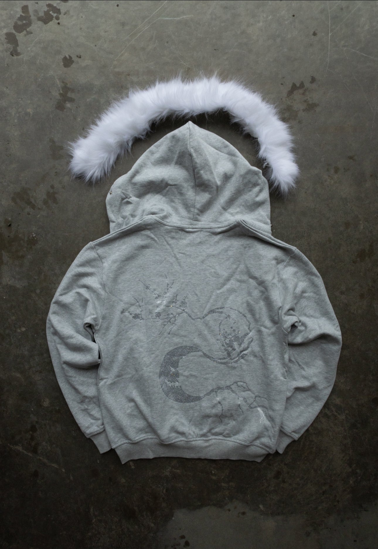 BEFORE LIGHT/AFTER SHADOW. Grey Zip-Up/Detachable White Fur