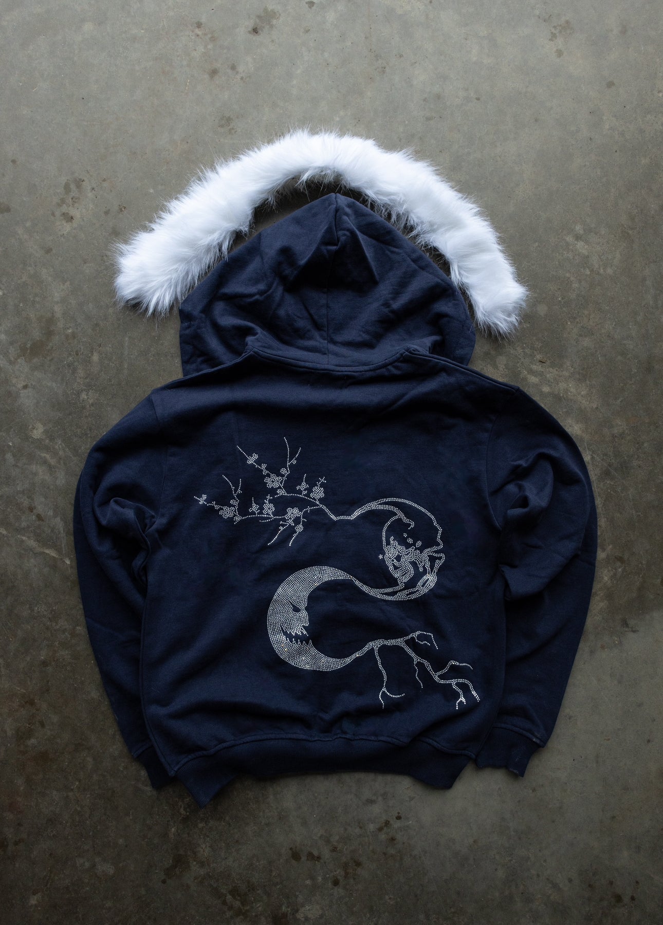 BEFORE LIGHT/AFTER SHADOW. Navy Zip-Up/Detachable White Fur