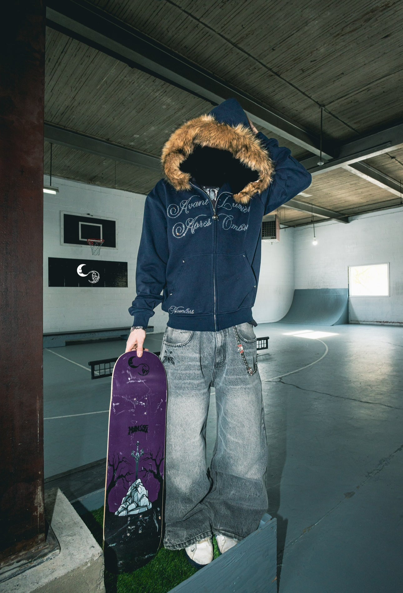 BEFORE LIGHT/AFTER SHADOW. Navy Zip-Up/Detachable White Fur