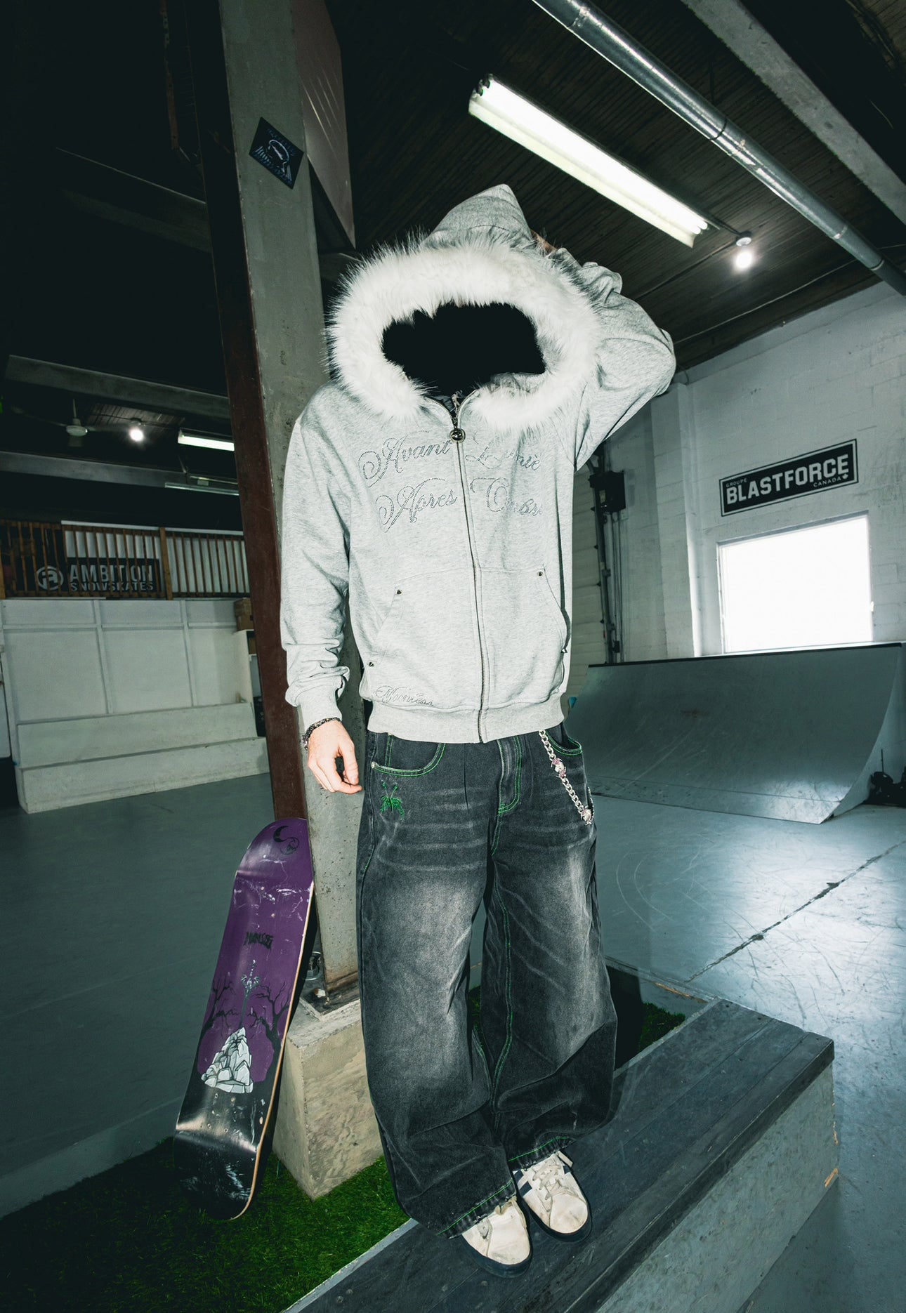 BEFORE LIGHT/AFTER SHADOW. Grey Zip-Up/Detachable White Fur