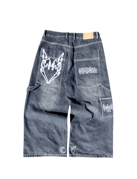 BLACK LOVELESS DOUBLE KNEES CARPENTER WIDE-LEG DENIMS