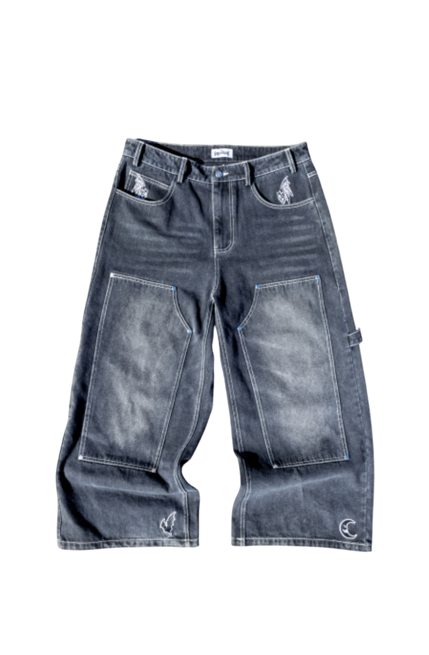 BLACK LOVELESS DOUBLE KNEES CARPENTER WIDE-LEG DENIMS